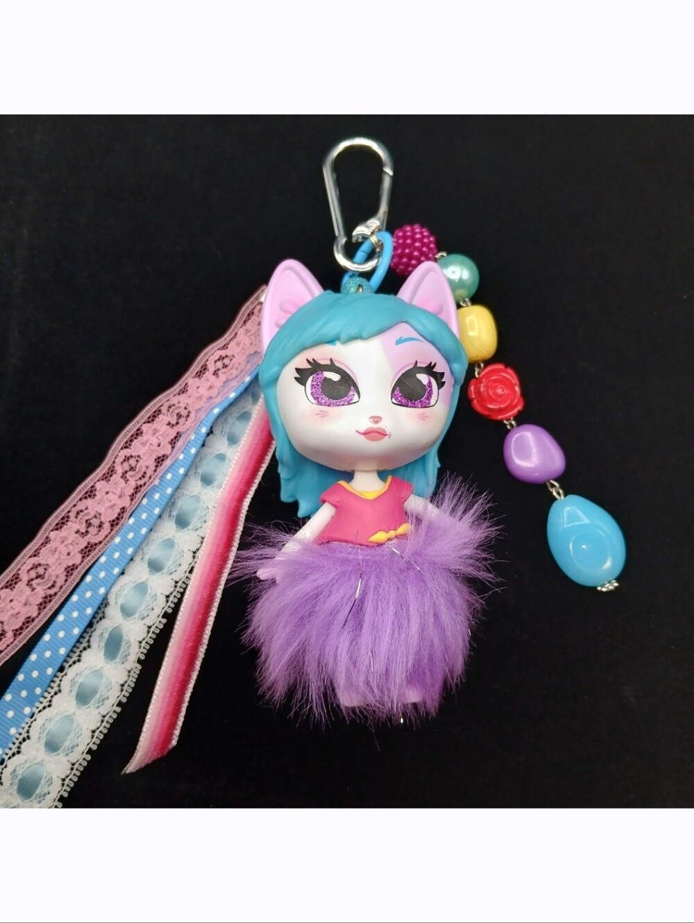 Handmade Custom Kitten Catfe Purrista Girls Figure Beaded Keychain Bag Charm